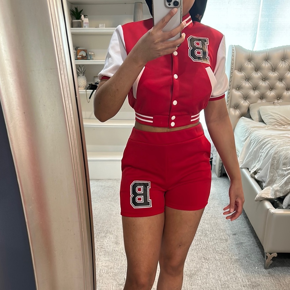 Red Varsity Crop Top and Shorts Set